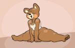 animal_crossing anthro bear black_nose bottomless breasts brown_body brown_fur cleavage clothed clothing eyelashes eyes_closed female flexible front_view fur head_tuft mammal maple_(animal_crossing) nintendo open_mouth pink_background rosy_cheeks simple_background slightly_chubby solo splits spread_legs spreading stretching thick_thighs topwear tuft unknown_artist white_clothing white_topwear wide_hips