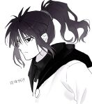  1boy alternate_hairstyle androgynous antenna_hair bright_pupils chinese_commentary chinese_text closed_mouth commentary_request frisk_(undertale) frown greyscale hair_tie hanbaobaobaozhu high_ponytail highres hood hood_down hooded_jacket jacket looking_at_viewer male_focus medium_hair monochrome open_clothes open_jacket ponytail sidelocks simple_background slit_pupils solo spot_color sweater translation_request turtleneck turtleneck_sweater undertale upper_body white_background xtale 