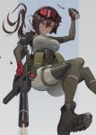  1girl absurdres ammunition_pouch bodysuit boots breasts brown_hair combat_boots commission dark_skin explosive falling gloves goggles goggles_on_head green_eyes grenade grenade_pin grin gun hair_ribbon highres klottinen kriss_vector maple_(nano_buns) medium_breasts original ponytail pouch red_gloves ribbon shell_casing shiny_clothes smile solo submachine_gun symbol-shaped_pupils teeth weapon white_ribbon 
