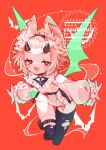  1girl :3 absurdres animal_ear_piercing animal_ears asymmetrical_legwear bandaged_leg bandages bangs_pinned_back barbell_piercing bat_ears bat_girl bat_wings belt black_belt black_horns black_thighhighs blonde_hair borrowed_character bright_pupils collar collared_halterneck commission cowboy_shot cropped_legs ear_piercing fang flask flipped_hair flying frilled_collar frills green_wings half-closed_eyes halterneck heart heart-shaped_pupils highres hip_flask horns industrial_piercing knees_together_feet_apart leaning_forward light_blush long_sleeves looking_at_viewer midair o-ring open_hands open_mouth original outstretched_arms petite piercing potion pouch raised_eyebrows red_background red_eyes second-party_source shirt simple_bat single_bare_shoulder skeb_commission skin_fang solo symbol-shaped_pupils thigh_pouch thighhighs topknot torn_clothes torn_thighhighs uneven_legwear v-neck watermark white_pupils white_shirt wings yasubaru zettai_ryouiki 