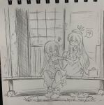  2girls anger_vein angry bandaged_arm bandaged_chest bandaged_head bandages boots commentary_request dress fujiwara_no_mokou greyscale hat kamishirasawa_keine long_hair long_sleeves monochrome multiple_girls open_clothes open_mouth open_shirt pants partially_undressed photo_(medium) shoes short_sleeves sitting spoken_anger_vein squiggle suteruko touhou traditional_media unworn_shoes very_long_hair 