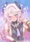  1girl absurdres armlet blue_eyes blush braid breasts citlali_(genshin_impact) commentary_request commission drunk facial_mark floating_headgear genshin_impact headgear highres icorasama jewelry long_hair medium_breasts open_mouth pink_hair skeb_commission solo translation_request triangle triangle_facial_mark twin_braids 