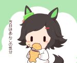  1girl :3 animal_ears bandaid bandaid_on_cheek bandaid_on_face black_hair blush_stickers chibi closed_mouth food food_in_mouth gomashio_(goma_feet) green_background hair_ornament hairclip holding holding_food horse_ears horse_girl horse_tail long_sleeves mouth_hold shirt solo swept_bangs tail taiyaki translation_request two-tone_background umamusume upper_body wagashi white_background white_shirt winning_ticket_(umamusume) 