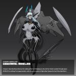  1girl absurdres arm_up arms_at_sides black_sclera black_thighhighs body_modification breasts cleavage colored_sclera colored_skin corruption covered_nipples covered_pussy cyborg english_text fins fish_tail full_body gradient_background high_heels highres horns large_breasts light_smile mechanization navel original platinum1945 ponytail robot robot_ears shark_tail tail teeth thighhighs third_eye third_eye_on_chest white_skin yellow_eyes 