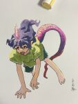  1girl all_fours art_tools_in_frame commentary green_shirt green_shorts highres horns long_hair long_tail marker_(medium) open_mouth pointy_ears purple_hair purple_horns purple_tail red_eyes shiratama_(hockey) shirt short_sleeves shorts signature single_horn solo symbol-only_commentary tail tenkajin_chiyari touhou traditional_media white_background 