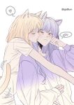  2girls animal_ears bang_dream! bang_dream!_it&#039;s_mygo!!!!! blonde_hair cat_ears cat_girl cat_tail closed_eyes closed_mouth commentary drawn_whiskers heart hug hug_from_behind kemonomimi_mode licking licking_another&#039;s_face long_hair long_sleeves medium_hair misumi_uika multiple_girls purple_hair purple_sweater qjadlbum shirt simple_background sleeves_past_wrists spoken_blush spoken_heart sweater symbol-only_commentary tail togawa_sakiko twitter_username upper_body white_background white_shirt yellow_eyes yuri 