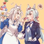  2girls :d alonemistrist alternate_costume animal_ears apron back_bow black_jacket black_pants blue_cross_tie blue_dress blue_eyes bow butler cake carrot collared_dress collared_shirt commentary cowboy_shot cross_tie diamond_hair_ornament dress dress_shirt enmaided feeding female_butler food fujimasa_march_(umamusume) gloves grey_hair hair_between_eyes hair_ribbon hands_up holding holding_cake holding_food holding_saucer holding_teapot horse_ears horse_girl horseshoe_ornament jacket lapels light_blush long_hair looking_at_another low_ponytail maid maid_apron maid_headdress multiple_girls notched_lapels notice_lines oguri_cap_(umamusume) open_mouth outline pants parted_bangs ponytail profile red_ribbon ribbon saucer shirt side-by-side sideways_mouth simple_background smile spoken_squiggle squiggle suit_jacket sweatdrop symbol-only_commentary teapot tuxedo umamusume umamusume:_cinderella_gray very_long_hair vest waistcoat white_apron white_bow white_gloves white_headdress white_outline white_shirt white_sleeve_cuffs yellow_background yellow_eyes 