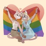 1:1 aged_up anthro arm_&amp;_hammer artist_logo belt belt_buckle bisexual_pride_colors blue_clothing blue_dress blue_eyes bottomwear buckle choker clothing curling_tail domestic_cat dress duo eye_contact eyewear felid feline feline_tail felis female female/female female/female_symbol female_symbol flag flag_(object) gender_symbol glasses gold_ring hand_on_another&#039;s_leg heads_together heart_symbol hi_res holding_flag holding_object jessica_(arm_&amp;_hammer) jewelry leaning_on_another lesbian_pride_colors lgbt_pride lgbt_pride_month logo looking_at_another love lucilatte mammal necklace pants pride_color_bracelet pride_colors rainbow_flag rainbow_pride_flag rainbow_symbol raised_arm ring sexuality_symbol shirt simple_background sitting symbol tail tan_bottomwear tan_clothing tan_pants tank_top topwear unnamed_arm_&amp;_hammer_cat white_clothing white_shirt white_tank_top white_topwear