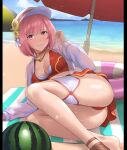 1girl ass barefoot baseball_cap beach beach_towel bikini blue_sky blush breasts brown_sandals cleavage closed_mouth collarbone day fire_emblem fire_emblem_engage fire_emblem_heroes flat_cap flower food fruit hat hat_flower innertube jacket jewelry jpeg_artifacts lapis_(fire_emblem) lapis_(forager_of_the_sea)_(fire_emblem) long_sleeves looking_at_viewer lying medium_breasts medium_hair multicolored_bikini necklace ocean official_alternate_costume on_side open_clothes open_shirt parasol pillarboxed pink_eyes pink_hair pink_innertube red_bikini red_skirt ribbon sandals see-through_clothes see-through_jacket shirt short_hair skirt sky smile solo sunflower sweat swim_ring swimsuit thighs thor_(deep_rising) towel two-tone_hat umbrella water watermelon white_hat white_jacket white_ribbon white_shirt 