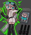  2girls adjusting_eyewear aqua_eyes aqua_hoodie belt black_belt black_gloves black_thighhighs blonde_hair blue-framed_eyewear buttons chainsaw cleaver clone coat evil_smile flying_sweatdrops gloves goggles goggles_on_head green_outline grey_background highres holding hood hoodie ichika-chan_(iiiichimaru_03) iiiichimaru_03 latex latex_gloves latex_thighhighs long_hair multiple_girls o_o open_mouth original outline restrained sharp_teeth shorts sidelocks simple_background smile sweat tears teeth thighhighs weapon_request white_coat white_shorts 