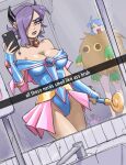  2girls :d absurdres bare_shoulders blue_leotard breasts cleavage cosplay cowboy_shot dark_magician_girl dark_magician_girl_(cosplay) detached_sleeves earrings gingrjoke groin happy highres horns indoors jewelry kuriboh kuriboh_(cosplay) large_breasts leotard liz_(gingrjoke) looking_at_viewer mirror multiple_girls nail_polish original pink_nails purple_hair selfie short_hair smile yu-gi-oh! 