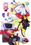  1boy 1other angel_wings ant_tenna belt black_belt black_pants blue_hair blue_skin blush_stickers chibi chibi_inset clutching_head colored_skin crt deltarune flower gloom_(expression) gloves halo hands_on_own_head highres hugging_own_legs kris_(dark_world)_(deltarune) kris_(deltarune) multiple_views necktie notice_lines object_head oimo64 pants pipis_(deltarune) pointy_nose shoes smile sparkle static_electricity tailcoat white_gloves wings yellow_halo yellow_necktie yellow_shoes 