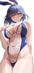 1girl alternate_costume animal_ears arm_behind_back bare_arms bare_shoulders blue_eyes blue_hair blue_leotard blush bow bow_earrings breasts cleavage commentary earrings english_commentary fake_animal_ears fingernails groin hair_intakes hand_up highleg highleg_leotard highres hololive hololive_english jewelry large_breasts leotard lessone looking_at_viewer navel ouro_kronii paid_reward_available parted_lips playboy_bunny rabbit_ears revealing_clothes see-through_clothes see-through_leotard short_hair simple_background solo strapless strapless_leotard virtual_youtuber white_background 
