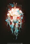  1girl absurdres aqua_eyes aqua_hair aqua_nails artist_name barefoot blue_butterfly bug butterfly chinese_commentary closed_mouth commentary_request copyright_notice crossed_legs cui_(jidanhaidaitang) dress flower flower_dress full_body hair_flower hair_ornament hand_on_own_chest hatsune_miku highres looking_at_viewer lying merchandise_available nail_polish official_art on_back orange_flower picture_frame solo upside-down vocaloid 