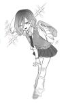  1girl :d ahoge bag chi_kan100 collared_shirt eyes_visible_through_hair facial_mark full_body hair_between_eyes hair_over_one_eye heart heart_facial_mark highres jewelry kimi_no_koto_ga_dai_dai_dai_dai_daisuki_na_100-nin_no_kanojo kneehighs loafers long_hair_between_eyes long_sleeves looking_at_viewer loose_necktie loose_socks lower_teeth_only miniskirt monochrome necktie official_alternate_costume one_eye_closed over_shoulder pleated_skirt ring school_bag school_uniform scrunchie shirt shoes short_hair side_part simple_background skirt sleeves_rolled_up smile socks solo sparkle standing sweater_vest teeth white_background white_shirt white_socks wrist_scrunchie 