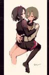  2girls absurdres belt black_dress black_thighhighs brown_hair brown_jacket brown_sweater_vest closed_eyes closed_mouth commentary dress ebizuka_tomo english_commentary girls_band_cry grey_hair hair_between_eyes highres jacket long_hair_between_eyes mole mole_under_eye multiple_girls no_shoes red_eyes rnna rupa_(girls_band_cry) short_hair sitting sitting_on_lap sitting_on_person sweater_vest thighhighs white_belt yuri 