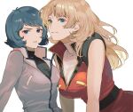 2girls blonde_hair blue_eyes blue_hair blue_jacket breasts commentary genderswap genderswap_(ftm) gundam highres jacket kamille_bidan kasumi_(skchkko) leaning_forward looking_at_viewer multiple_girls quattro_bajeena red_jacket sleeveless sleeveless_jacket symbol-only_commentary white_background zeta_gundam 