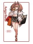  1girl :q alternate_costume angelina_(arknights) animal_ears arknights bag black_bag black_shorts border breasts brown_hair brown_sandals character_name copyright_name croissant crop_top dot_nose earpiece food fox_ears fox_girl fox_tail full_body hair_between_eyes hairband hayama_eishi highres holding holding_food infection_monitor_(arknights) jacket jewelry long_hair long_sleeves looking_at_viewer material_growth medium_breasts midriff navel necklace off_shoulder open_clothes open_jacket oripathy_lesion_(arknights) platform_sandals red_eyes red_hairband sandals shirt shorts simple_background smile solo striped_clothes striped_hairband tail tongue tongue_out tote_bag twintails two-tone_hairband white_background white_jacket white_shirt 