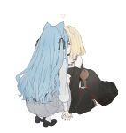 2girls ^_^ absurdres animal_ears ascot bang_dream! bang_dream!_it&#039;s_mygo!!!!! black_dress black_shoes blonde_hair blue_hair blush brown_corset cat_ears chinese_commentary closed_eyes commentary_request corset dahan_jax dog_ears doloris_(bang_dream!) dress full_body grey_skirt hair_ears hair_ribbon hand_on_another&#039;s_hand heart heic-to-png_conversion highres implied_kiss kneeling loafers long_sleeves looking_at_another md5_mismatch misumi_uika multiple_girls puffy_long_sleeves puffy_sleeves ribbon shoes simple_background skirt socks squatting togawa_sakiko white_ascot white_background white_socks yuri 