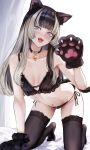  1girl absurdres all_fours alternate_costume animal_ears animal_hands bare_shoulders bell black_bra black_hair black_panties black_thighhighs blonde_hair blue_eyes blunt_bangs blush bra breasts breasts_apart cat_ears cat_girl cat_tail choker commentary_request dhbwinner frilled_bra frills gloves hand_up highres hime_cut hololive hololive_dev_is jingle_bell juufuutei_raden kemonomimi_mode lace-trimmed_thighhighs lace_trim lingerie looking_at_viewer multicolored_hair navel neck_bell no_shoes on_bed open_mouth panties paw_gloves side-tie_panties small_breasts smile solo stomach tail thighhighs two-tone_hair underwear virtual_youtuber 
