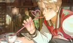  2boys absurdres ahoge america_(hetalia) axis_powers_hetalia bag black_jacket black_necktie black_pants blonde_hair blue_eyes brown_vest buttons closed_mouth collared_shirt cup drinking drinking_glass drinking_straw fingernails formal_clothes glasses green-framed_eyewear green_eyes green_jacket grey_jacket grey_pants hand_up highres ice ice_cube indoors jacket lapels letterman_jacket long_sleeves looking_at_another looking_at_object male_focus mirror multicolored_jacket multiple_boys necktie newspaper open_clothes open_jacket pants plate puffy_long_sleeves puffy_sleeves red_jacket red_necktie reflection semi-rimless_eyewear sewing_machine shadow shirt short_hair sitting standing star_(symbol) suit_jacket sweatdrop table tea two-tone_jacket united_kingdom_(hetalia) vest white_jacket yellow_necktie zhongerweiyuan 