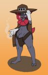 anthro big_penis bottomless cloak clothed clothing dorkusprimearts generation_4_pokemon genitals grin hat headgear headwear hi_res holster male manya_(dorkusprimearts) nintendo penis pokemon pokemon_(species) smile solo steam weavile wide_hips