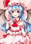  1girl :d alternate_hair_length alternate_hairstyle ascot bat_wings blue_hair blush collared_shirt commentary_request cowboy_shot frilled_shirt_collar frills hat hat_ribbon highres long_hair looking_at_viewer mob_cap open_mouth pink_background pink_eyes pink_hat pink_shirt pink_skirt red_ascot red_ribbon remilia_scarlet ribbon ruu_(tksymkw) shirt short_sleeves skirt skirt_set smile solo touhou wings wrist_cuffs 