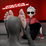  1:1 3d_(artwork) absurd_res black_nails bottomwear clothed clothing colored_nails demon denim denim_bottomwear denim_clothing digital_media_(artwork) duo eyewear feet female fingerless_gloves fingers foot_fetish foot_focus foot_on_face footwear furniture gloves hair handwear helltaker hi_res huge_filesize human humanoid humanoid_feet jeans justice_(helltaker) looking_at_viewer male male/female mammal n00b-body nails necktie not_furry pants pedicure plantigrade red_clothing red_shirt red_topwear shirt shoes simple_background smile soles solo sunglasses tinted_eyewear toes topwear white_hair wrinkled_feet wrinkles 