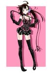  1girl absurdres ahoge aomidori96 black_boots black_corset black_gloves black_skirt bondage_outfit boots breasts brown_eyes brown_hair cat_o&#039;_nine_tails choker corset dominatrix drop_shadow elbow_gloves full_body gloves hair_ornament hairclip highres looking_at_viewer low_ponytail medium_breasts nisekoi onodera_haru pink_background ponytail skirt smile solo thigh_boots two-tone_background whip white_background 