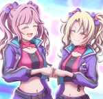  2girls :d ^_^ above_cleavage_cutout anyoji_hime belt black_belt blonde_hair bow closed_eyes closed_mouth collarbone collared_jacket commentary_request crop_top cropped_jacket cropped_shirt curtained_hair fist_bump ganbarai hair_bow hair_ornament heart heart_belt_buckle heart_hair_ornament highres jacket link!_like!_love_live! long_sleeves love_live! midriff mira-cra_park! multiple_girls navel official_alternate_costume official_alternate_hairstyle open_clothes open_jacket open_mouth osawa_rurino parted_bangs pink_hair pink_shirt purple_bow purple_jacket purple_skirt shirt skirt smile split_mouth teeth twintails upper_teeth_only v-shaped_eyebrows virtual_youtuber 