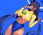  1girl absurdres artist_name blue_eyes brazilian_flag brazilian_flag_print breasts commentary english_commentary erasorpepero flag_print food hair_intakes highres holding holding_food holding_popsicle hololive hololive_english large_breasts long_hair melting_popsicle ouro_kronii popsicle solo tan tanlines underboob virtual_youtuber 