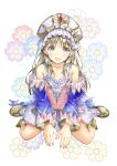  1girl absurdres atelier_(series) atelier_magnolia atelier_totori brown_hair dress flower headdress highres looking_at_viewer open_mouth shoes sitting smile solo totooria_helmold wariza white_background wide_sleeves 
