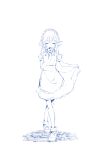  1girl apron blue_theme bow braid closed_eyes closed_mouth facing_viewer hair_bow highres izayoi_sakuya long_hair maid maid_headdress mary_janes monochrome puffy_short_sleeves puffy_sleeves shoes short_sleeves skirt_hold smile socks solo split_mouth suteruko touhou twin_braids waist_apron 