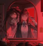  2girls absurdres bell black_choker black_jacket brown_hair choker closed_mouth collarbone commentary criss-cross_halter crying dalmo_(pafe2444) dress dual_persona fox_mask gun gun_to_head halterneck highres holding holding_weapon honkai:_star_rail honkai_(series) indoors jacket long_hair looking_at_mirror looking_at_viewer mark_under_both_eyes mask mirror multiple_girls neck_bell open_clothes open_jacket open_mouth red_dress red_eyes red_theme reflection reflection_focus revolver shirt smile snubnosed_revolver sparkle_(honkai:_star_rail) sparkle_(school_uniform)_(honkai:_star_rail) twintails very_long_hair weapon white_shirt 