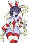  1girl bare_shoulders bikini blue_skirt breasts cleavage covered_navel highleg highleg_swimsuit highres hip_focus large_breasts leviathan_(skullgirls) looking_at_viewer navel purple_hair red_bikini red_eyes red_legwear skeleton skindentation skirt skullgirls slugbox smile squigly_(skullgirls) stitches striped striped_bikini striped_legwear swimsuit thick_thighs thighhighs thighs white_bikini white_legwear 