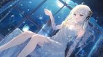  1girl :d ahoge black_ribbon blue_eyes breasts character_request cleavage commission dress dutch_angle floating_hair full_moon hair_ribbon horns indoors kurage_cc long_hair medium_breasts medium_dress moon night petals ribbon sash sheep_horns sitting skeb_commission sleeveless sleeveless_dress smile solo virtual_youtuber white_dress white_hair 