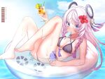  1girl afloat barcode barefoot bikini blue_eyes blue_sky chicanaction citlali_(genshin_impact) commentary_request cup facial_mark feet floating_headgear flower food food_in_mouth genshin_impact hair_flower hair_ornament headgear highres holding holding_cup innertube long_hair looking_at_viewer pink_hair popsicle popsicle_in_mouth purple_bikini sky soles solo swim_ring swimsuit thighs triangle triangle_facial_mark tropical_drink wet 