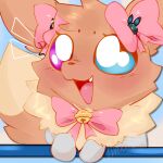 1:1 bow_ribbon brown_body clothing daww eevee female feral fluttermush generation_1_pokemon gracie_(sweetcupcake) happy headshot_portrait heterochromia hi_res nintendo onesie pokemon pokemon_(species) portrait smile solo