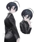  1boy ahoge bishounen black_hair black_jacket blush brown_eyes buttons collared_jacket commentary danganronpa_(series) danganronpa_v3:_killing_harmony embarrassed eyelashes from_behind hair_between_eyes highres holding jacket long_sleeves looking_at_viewer looking_back male_focus muted_color pants pinstripe_jacket pinstripe_pants pinstripe_pattern ringed_eyes saihara_shuichi short_hair simple_background striped_clothes striped_jacket striped_pants sukizukiko vertical-striped_sleeves watermark white_background 