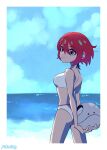  1girl adversarial_noise amate_yuzuriha artist_name beach bikini breasts commentary cowboy_shot english_commentary green_eyes gundam gundam_gquuuuuux haro highres medium_breasts ocean red_hair short_hair supermondobeat swimsuit white_bikini 