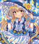  1girl blonde_hair blue_flower blush embellished_costume flower hair_flower hair_ornament hat hat_flower kirisame_marisa long_hair looking_at_viewer marker_(medium) parted_lips rui_(sugar3) solo touhou traditional_media upper_body witch_hat wrist_cuffs yellow_eyes yellow_flower 