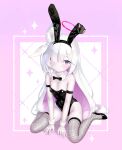  1girl animal_ear_hairband animal_ears black_bow black_bowtie black_hairband black_leotard blue_archive bow bowtie braid breasts cementite colored_inner_hair detached_collar fake_animal_ears fishnet_thighhighs fishnets grey_eyes hair_over_one_eye hairband halo highleg highleg_leotard highres leotard long_hair looking_at_viewer multicolored_hair pink_hair plana_(blue_archive) playboy_bunny rabbit_ear_hairband rabbit_ears red_halo red_pupils single_braid small_breasts smile strapless strapless_leotard thighhighs traditional_bowtie very_long_hair white_hair 