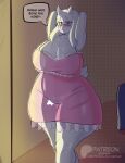 2025 2_horns absurd_res anthro artist_name big_breasts blush boss_monster_(undertale) bovid breasts caprine cleavage clothed clothing curvy_figure dialogue english_text eyebrows eyelashes eyewear female floppy_ears fur genitals glasses goat half-closed_eyes hands_behind_head hi_res horn huge_breasts legs_together mammal mature_female narrowed_eyes nightgown nipple_outline polsy raised_arms slightly_chubby smile solo speech_bubble standing text thick_thighs toriel translucent translucent_clothing twitter_handle undertale_(series) url voluptuous vulva wearing_glasses white_body white_fur wide_hips