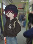  absurdres backpack bag black_hair black_jacket denim earrings food grey_shirt hand_in_pocket heart heart_earrings highres holding holding_food jacket jeans jewelry pants photo_background shirt tunisia 