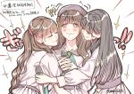  !? 3girls 4th_live_dream_~bloom_the_dream_believers~ animification black_hair brown_hair collared_dress commentary_request contrast_collar dress flower group_hug hair_flower hair_ornament hanamiya_nina hashtag highres holding holding_microphone hug link!_like!_love_live! long_hair long_sleeves love_live! meiji_(mosamoo3) microphone multiple_girls pink_dress real_life red_flower sasaki_kotoko short_sleeves simple_background star_(symbol) star_hair_ornament tassel tassel_hair_ornament tsukine_kona twitter_username two_side_up voice_actor white_background 