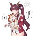  2girls aged_down ahoge animal_ears baby_carrier blunt_bangs brown_hair buruma commentary_request cowboy_shot ear_covers ear_ornament floral_print flower flying_sweatdrops fukuro_(maruaru00) furrowed_brow hair_flower hair_intakes hair_ornament headgear highres horse_ears horse_girl jacket kansaiben lilac long_hair long_sleeves lucky_lilac_(umamusume) multiple_girls orange_hair orfevre_(umamusume) pacifier pajamas panicking purple_eyes red_buruma role_reversal sidelocks simple_background star_(symbol) star_hair_ornament sweatdrop track_jacket translated two_side_up umamusume v-shaped_eyebrows very_long_hair white_background white_hair yellow_pajamas 
