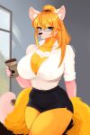 absurd_res akatosh anthro bangs big_breasts blue_eyes bottomwear breasts canid canine claws cleavage_cutout clothing coffee_cup container cup cutout eyelashes female fox fukksitacin fur hair heart_nose heart_symbol hi_res huge_breasts long_eyelashes mammal miniskirt nipple_outline office_clothing office_lady ponytail side_bangs simple_background skirt solo thick_thighs unimpressed whiskers white_body white_fur yellow_body yellow_fur