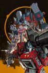  arcee assault_visor autobot beachcomber_(transformers) blue_eyes comic_cover cover_image english_commentary gun highres holding holding_gun holding_weapon jazz_(transformers) kael_ngu looking_up mecha no_humans official_art open_hand optimus_prime robot science_fiction trailbreaker transformers transformers_(skybound) ultra_magnus weapon wheeljack 