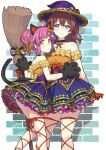  2girls ahoge animal_ears animal_hands aqua_eyes ass back back_bow bat_ornament black_gloves blue_skirt blunt_bangs body_freckles bow breasts brick_wall broom brown_hair cat_ears cat_paws cat_tail choker dot_nose earrings emma_verde expressionless fake_animal_ears fake_tail freckles frilled_shirt frilled_skirt frills gloves halloween hat holding holding_broom jewelry large_breasts leg_ribbon legs looking_at_viewer love_live! love_live!_nijigasaki_high_school_idol_club love_live!_school_idol_festival_all_stars medium_hair multicolored_skirt multiple_girls nijigasaki_halloween_(love_live!) off-shoulder_shirt off_shoulder official_alternate_costume orange_shirt pink_hair red_bow red_gloves ribbon shirt short_hair skirt small_breasts smile tail tennoji_rina thigh_ribbon thighs transparent_background twintails waste-man wavy_hair witch_hat yellow_bow yellow_eyes 