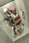  2girls arm_around_shoulder au_ra barefoot bikini bimel_isabella black_scales black_skin black_tail changing_room cirina_mol clothes_hanger colored_skin dragon_girl dragon_horns dragon_tail dress embarrassed final_fantasy final_fantasy_xiv flying_sweatdrops grey_skin highres holding holding_clothes_hanger horns multiple_girls panties pink_hair sadu_dotharl scales see-through_clothes see-through_dress swimsuit swimsuit_hanger tail underwear white_dress white_hair yuri 
